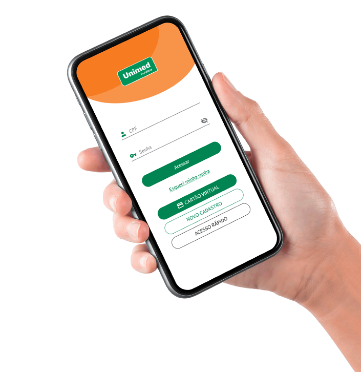 Mo segurando um smartphone. Na tela mostra a pgina inicial do app Minha Unimed Cliente.