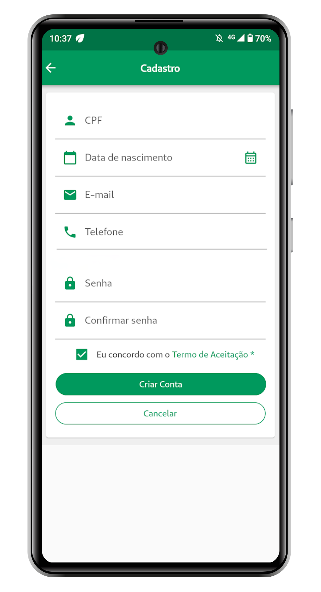 Mockup de um smartphone mostrando a tela de cadastro do app Minha Unimed Cliente