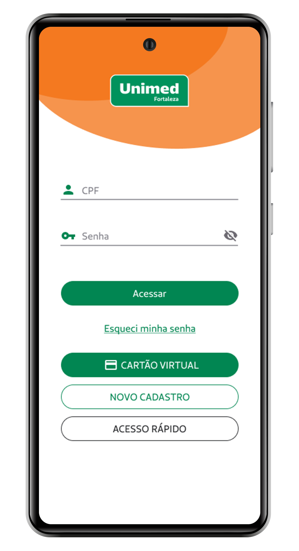 Mockup de um smartphone mostrando a tela de cadastro do app Minha Unimed Cliente