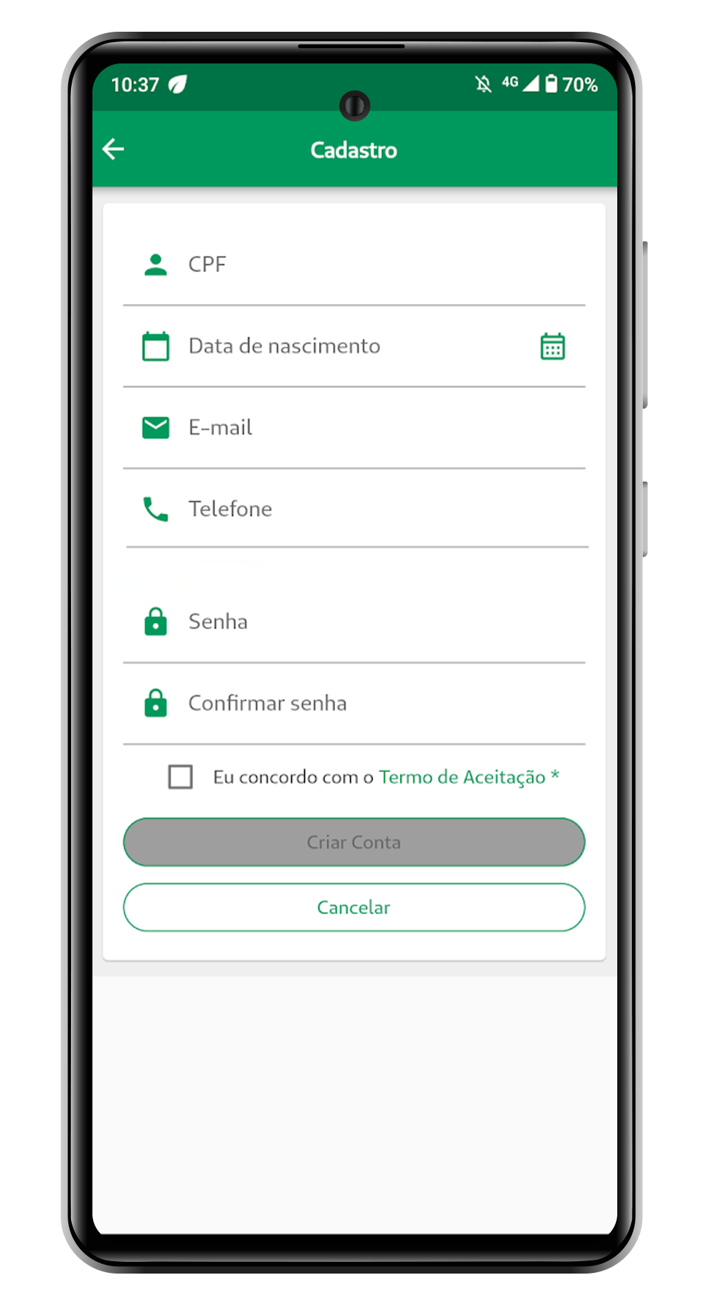 Mockup de um smartphone mostrando a tela de cadastro do app Minha Unimed Cliente